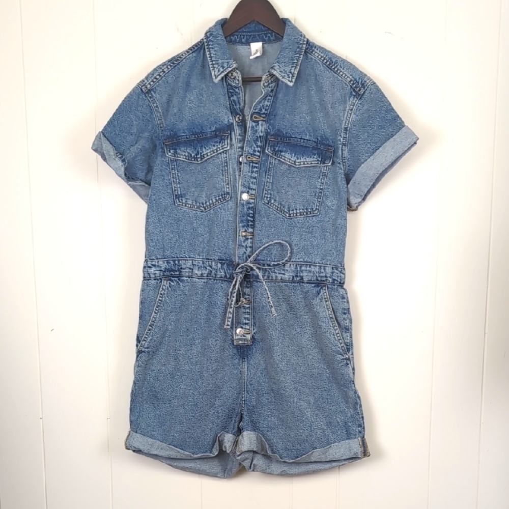 H&M Blue Denim Romper Short Sleeves Drawstring Waist